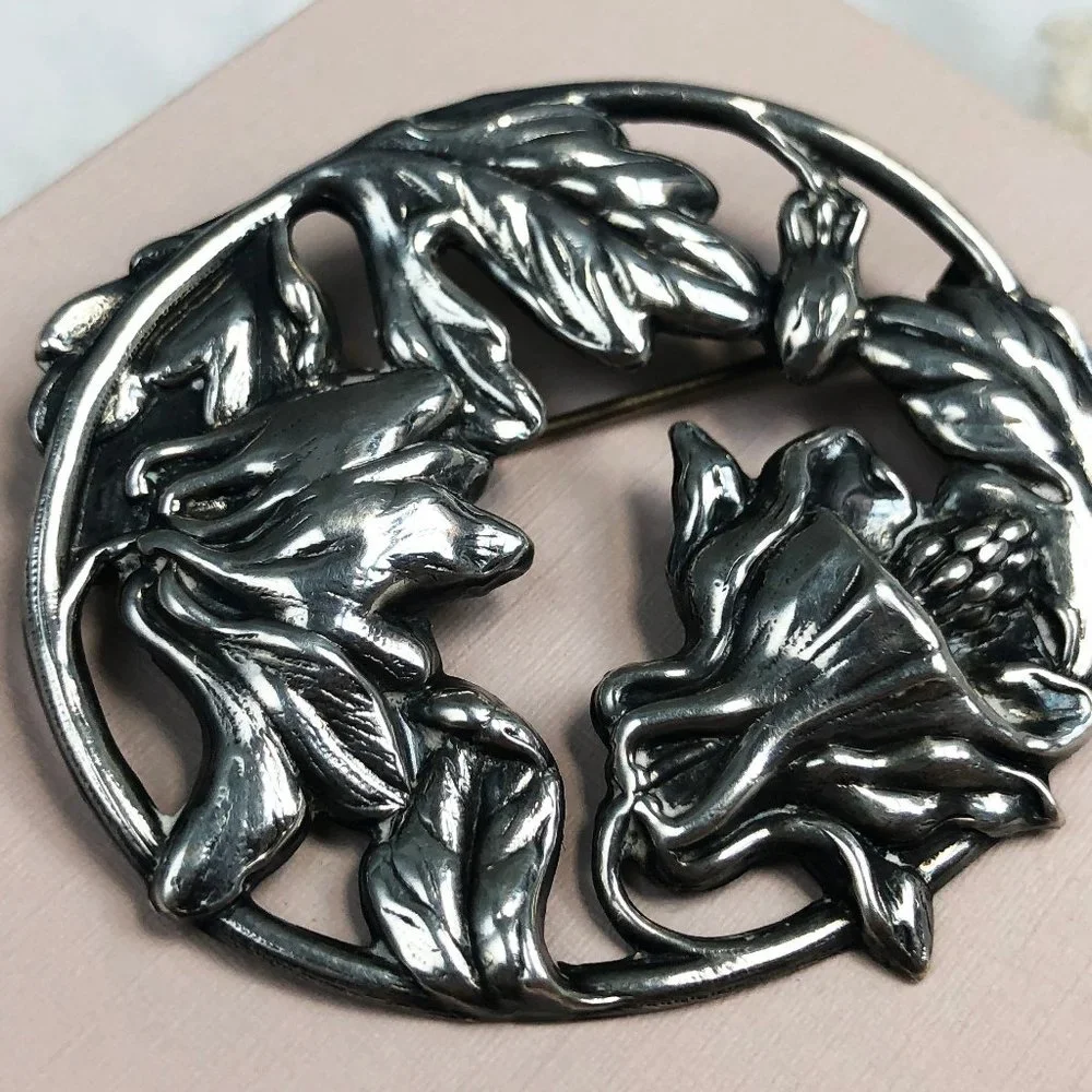 Huge thistle flower pin, large floral brooch silver tone